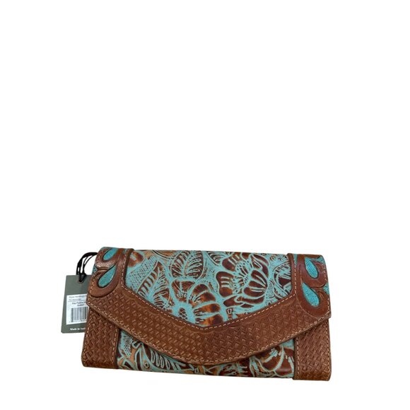 Myra Handbags Stay Positive S-4907 Brown & Turquoise Floral Leather Wallet NWT - Picture 1 of 5